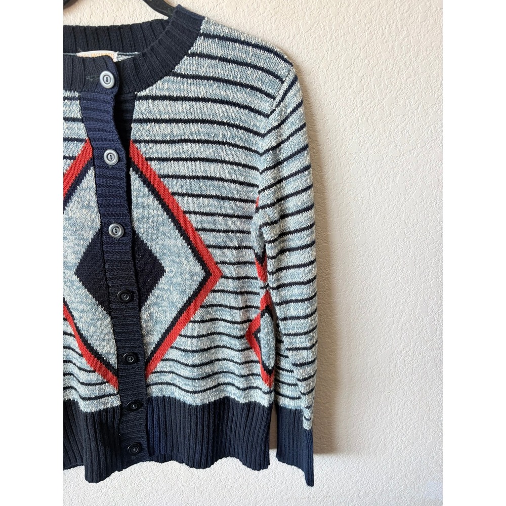 Vintage Full Fashioned Diamond Stripe M Cardigan Sweater Navy Blue Red Womens - Picture 5 of 7